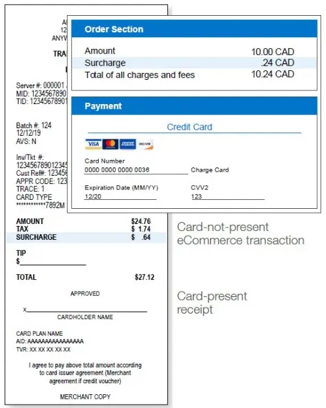 Surcharge example on receipt and check